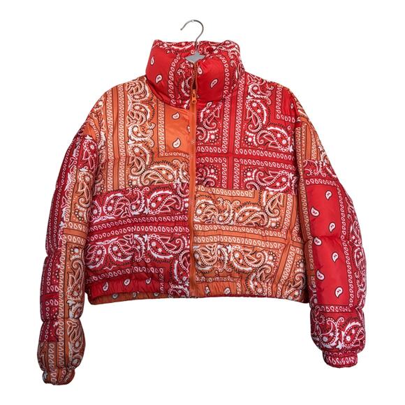 Puffer Jacket cropped Azalea Wang Orange Paisley Bandana Print M Y2K Dopamine - Picture 2 of 9